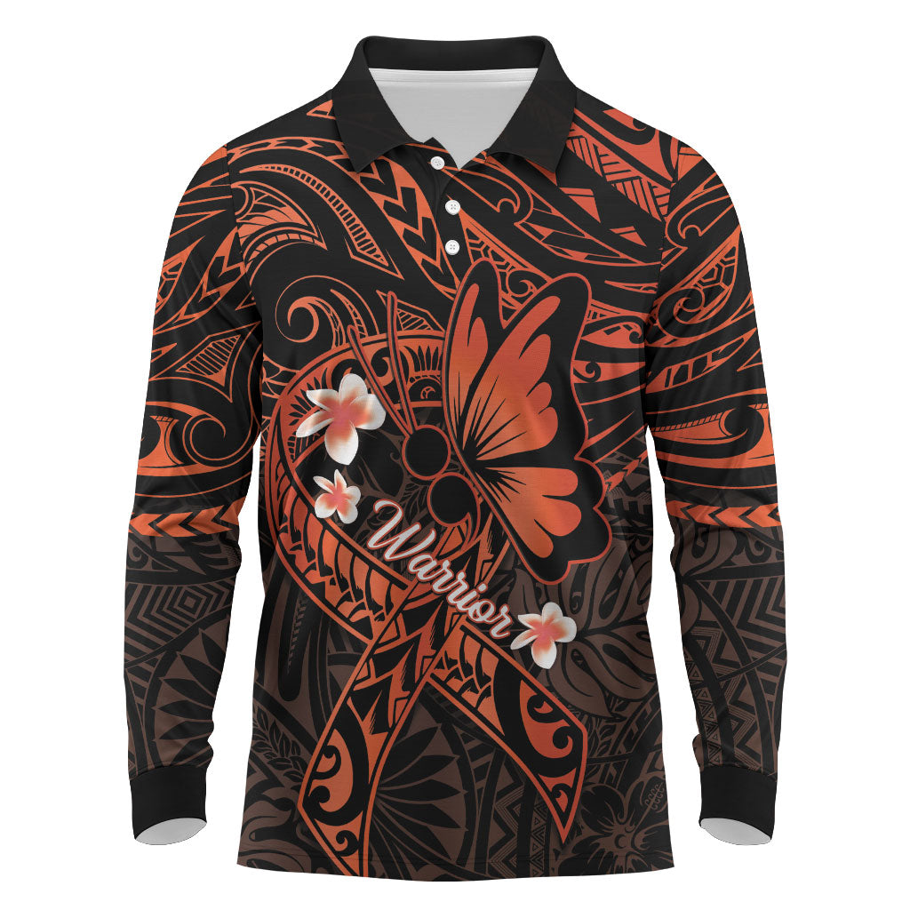 Polynesia Leukemia Warrior Long Sleeve Polo Shirt Butterfly Polynesian Orange Ribbon