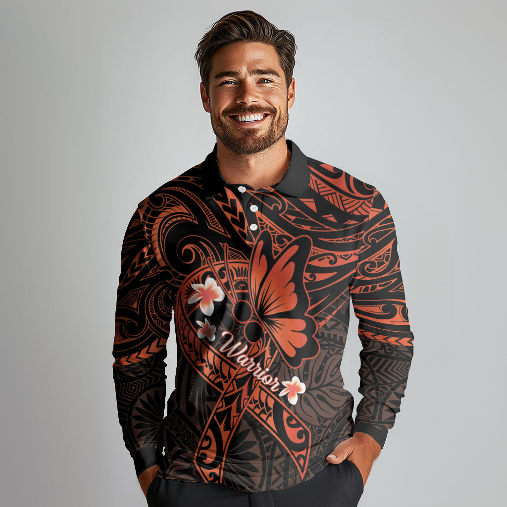 Polynesia Leukemia Warrior Long Sleeve Polo Shirt Butterfly Polynesian Orange Ribbon