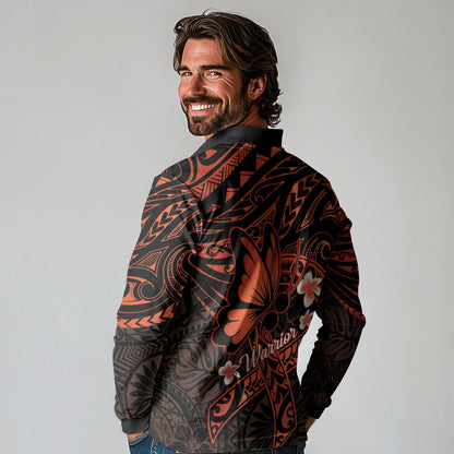 Polynesia Leukemia Warrior Long Sleeve Polo Shirt Butterfly Polynesian Orange Ribbon