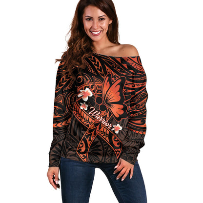 Polynesia Leukemia Warrior Off Shoulder Sweater Butterfly Polynesian Orange Ribbon