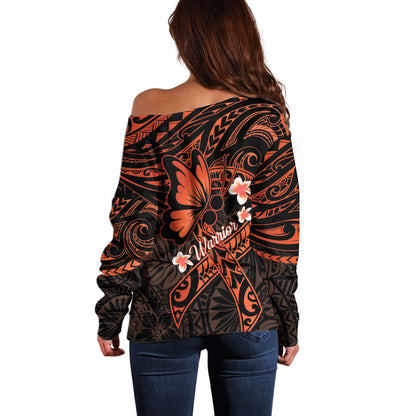 Polynesia Leukemia Warrior Off Shoulder Sweater Butterfly Polynesian Orange Ribbon