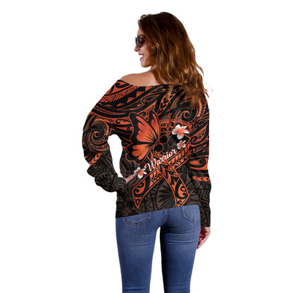 Polynesia Leukemia Warrior Off Shoulder Sweater Butterfly Polynesian Orange Ribbon