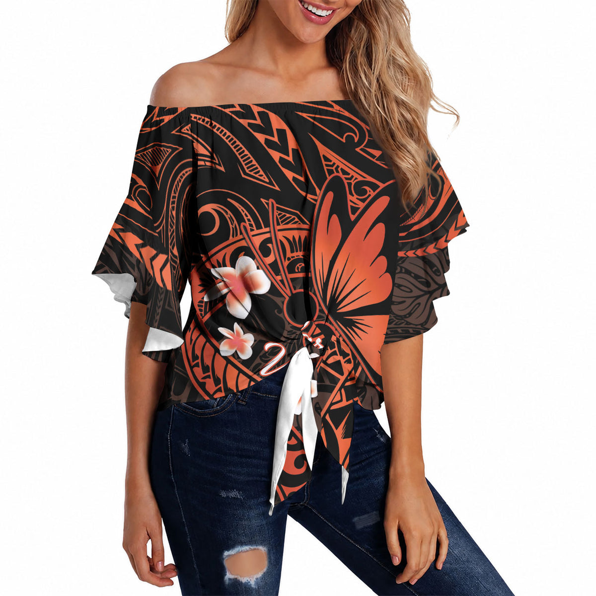 Polynesia Leukemia Warrior Off Shoulder Wrap Waist Top Butterfly Polynesian Orange Ribbon
