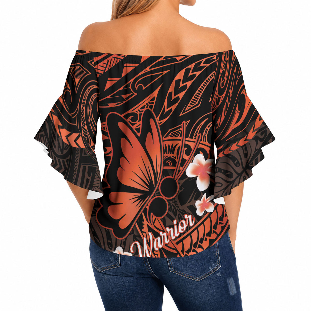 Polynesia Leukemia Warrior Off Shoulder Wrap Waist Top Butterfly Polynesian Orange Ribbon