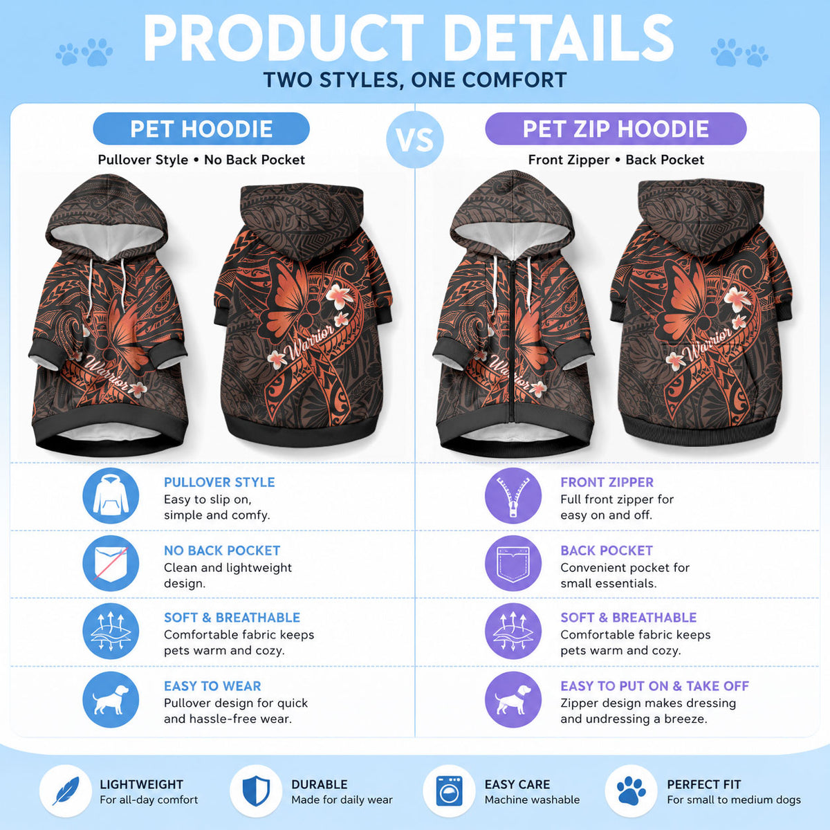Polynesia Leukemia Warrior Pet Hoodie Butterfly Polynesian Orange Ribbon