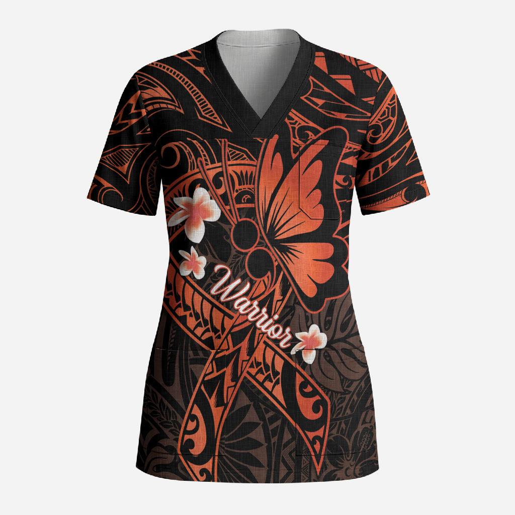 Polynesia Leukemia Warrior Scrub Top Butterfly Polynesian Orange Ribbon