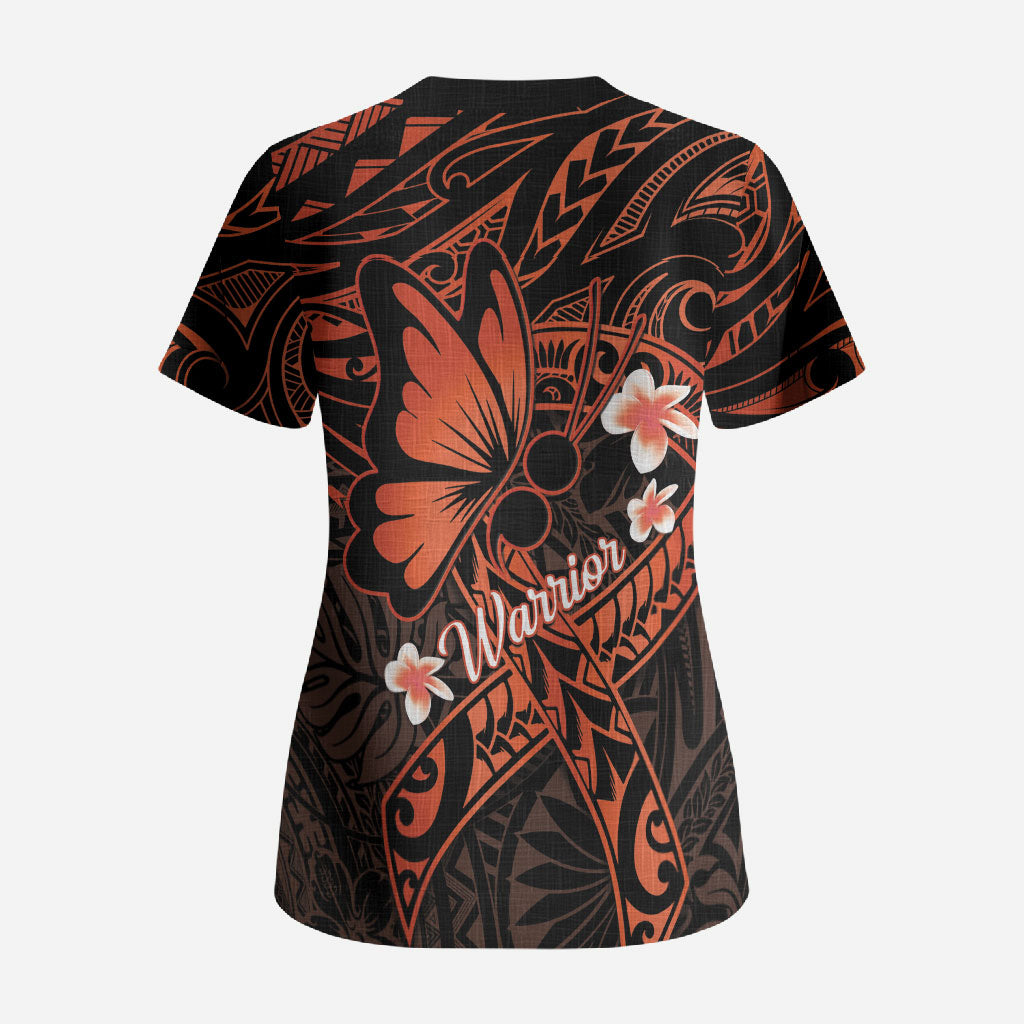 Polynesia Leukemia Warrior Scrub Top Butterfly Polynesian Orange Ribbon
