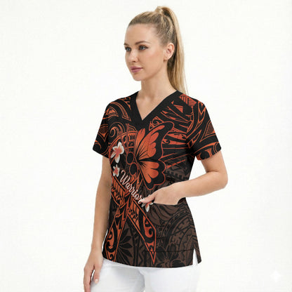 Polynesia Leukemia Warrior Scrub Top Butterfly Polynesian Orange Ribbon