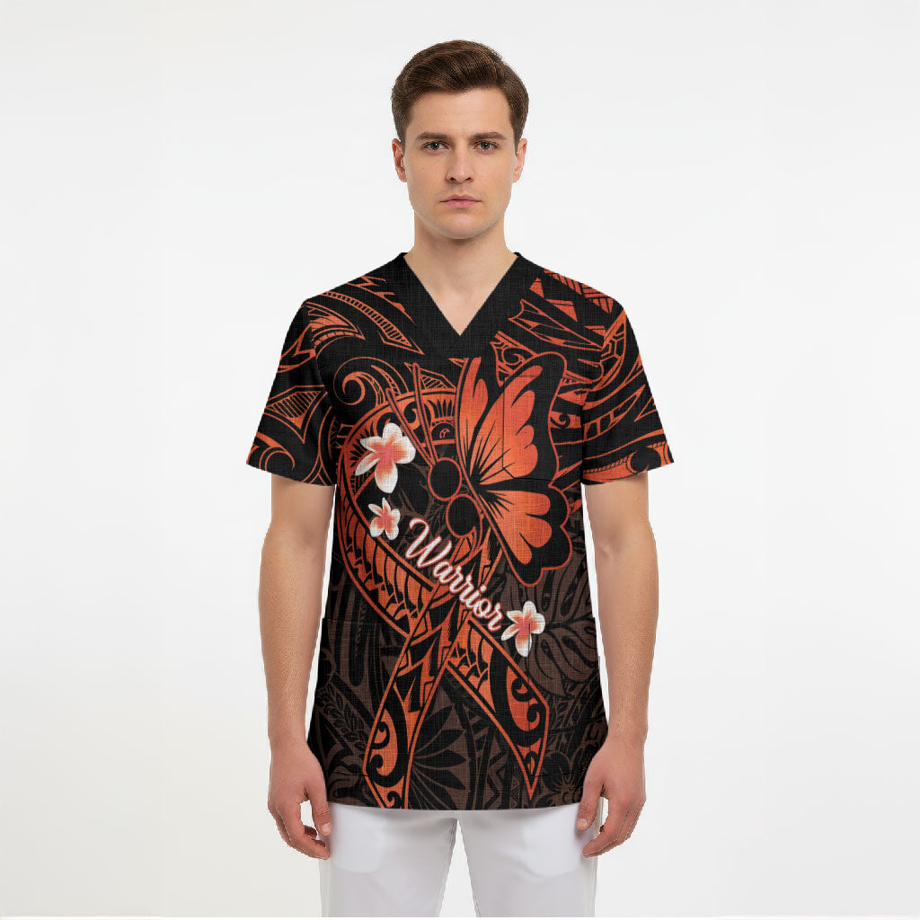 Polynesia Leukemia Warrior Scrub Top Butterfly Polynesian Orange Ribbon