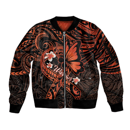 Polynesia Leukemia Warrior Sleeve Zip Bomber Jacket Butterfly Polynesian Orange Ribbon