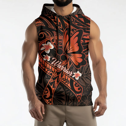 Polynesia Leukemia Warrior Sleeveless Hoodie Butterfly Polynesian Orange Ribbon