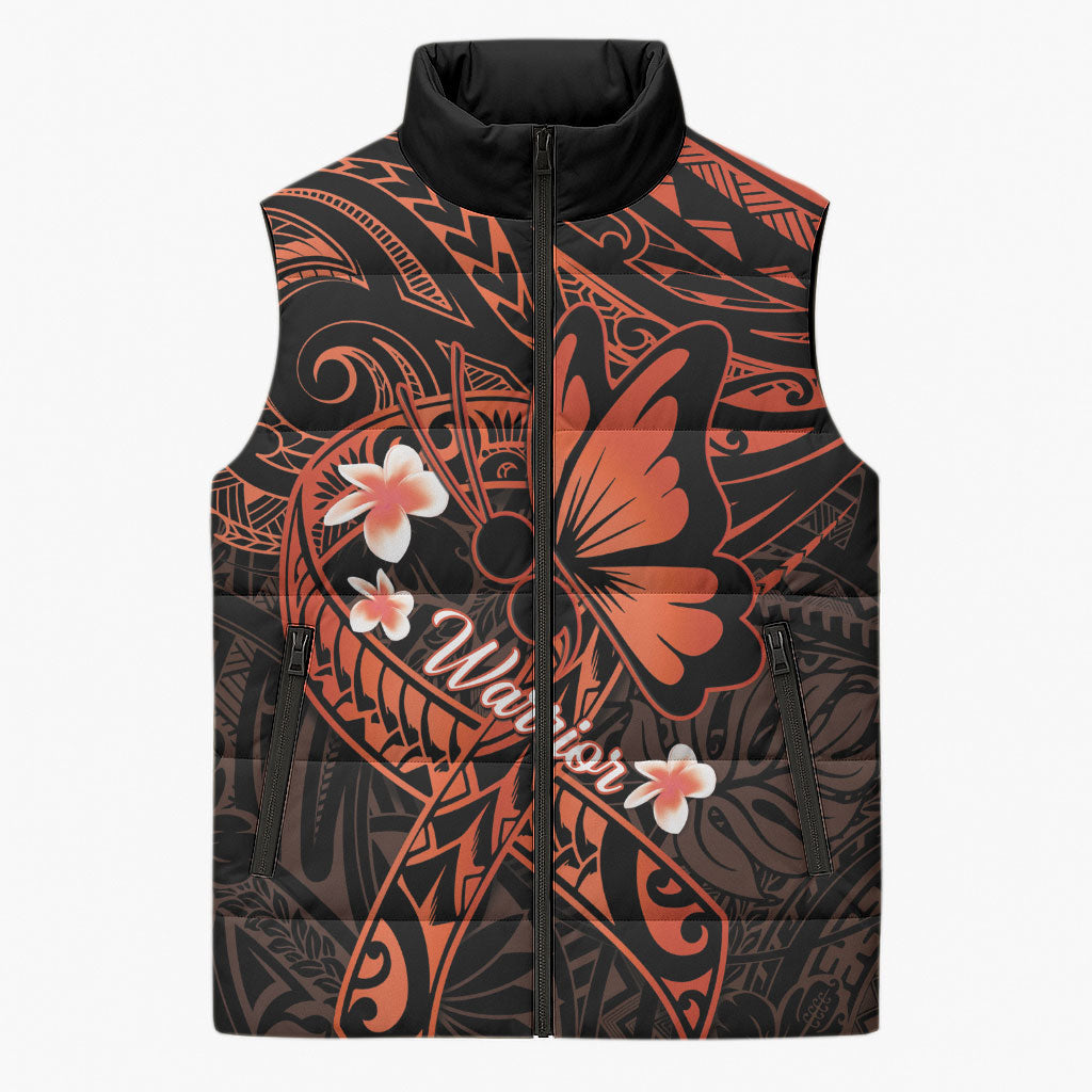 Polynesia Leukemia Warrior Sleeveless Puffer Jacket Butterfly Polynesian Orange Ribbon