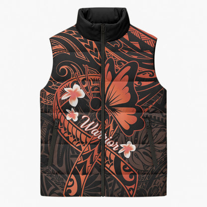 Polynesia Leukemia Warrior Sleeveless Puffer Jacket Butterfly Polynesian Orange Ribbon