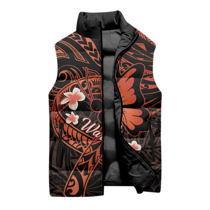 Polynesia Leukemia Warrior Sleeveless Puffer Jacket Butterfly Polynesian Orange Ribbon