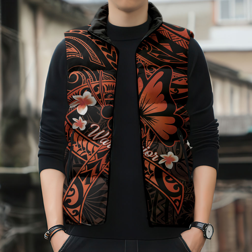 Polynesia Leukemia Warrior Sleeveless Puffer Jacket Butterfly Polynesian Orange Ribbon