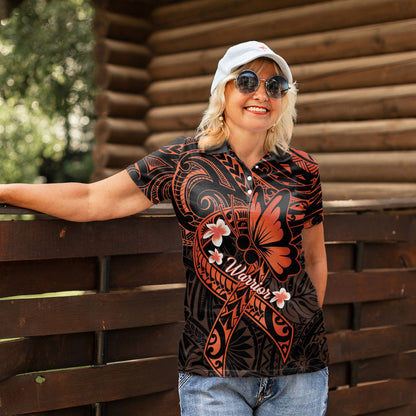 Polynesia Leukemia Warrior Women Polo Shirt Butterfly Polynesian Orange Ribbon
