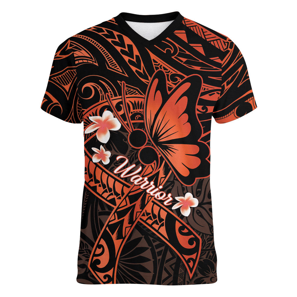 Polynesia Leukemia Warrior Women V-Neck T-Shirt Butterfly Polynesian Orange Ribbon