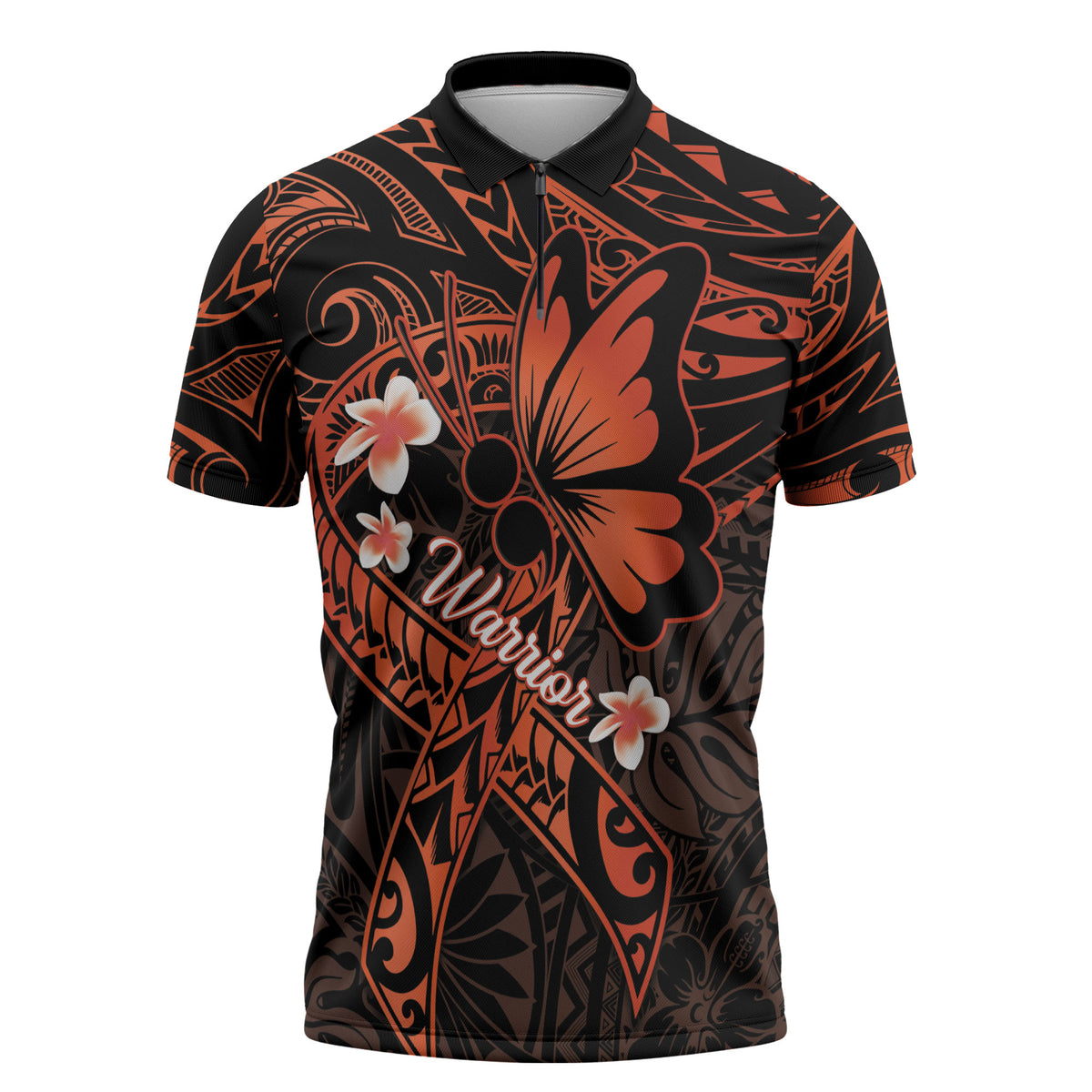 Polynesia Leukemia Warrior Zipper Polo Shirt Butterfly Polynesian Orange Ribbon