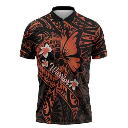 Polynesia Leukemia Warrior Zipper Polo Shirt Butterfly Polynesian Orange Ribbon