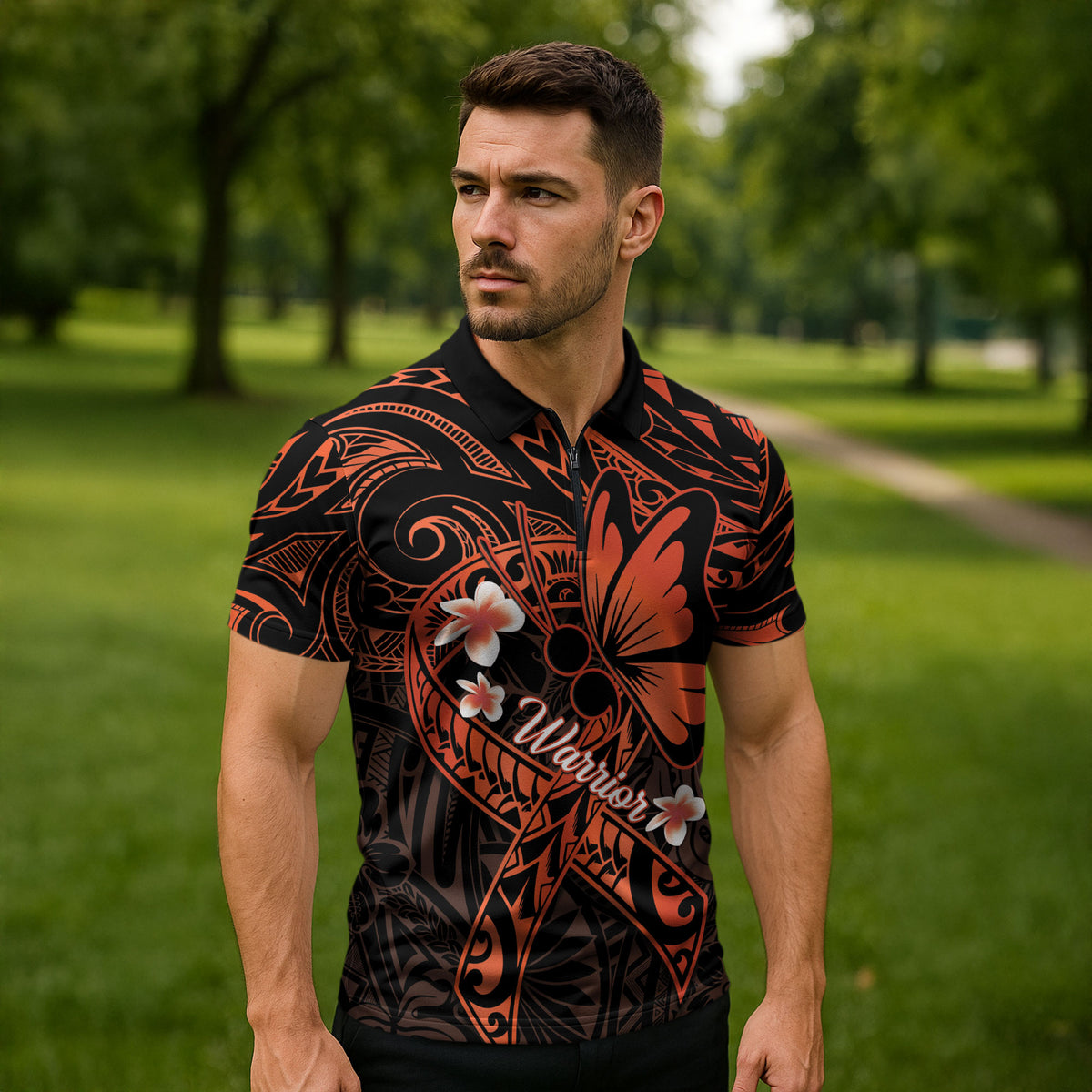 Polynesia Leukemia Warrior Zipper Polo Shirt Butterfly Polynesian Orange Ribbon