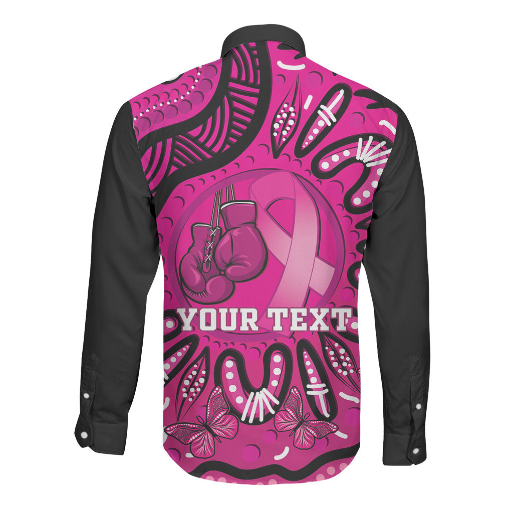 Personalised Australia Breast Cancer Long Sleeve Button Shirt Pink Boxing Ribbon Be Strong And Fight On