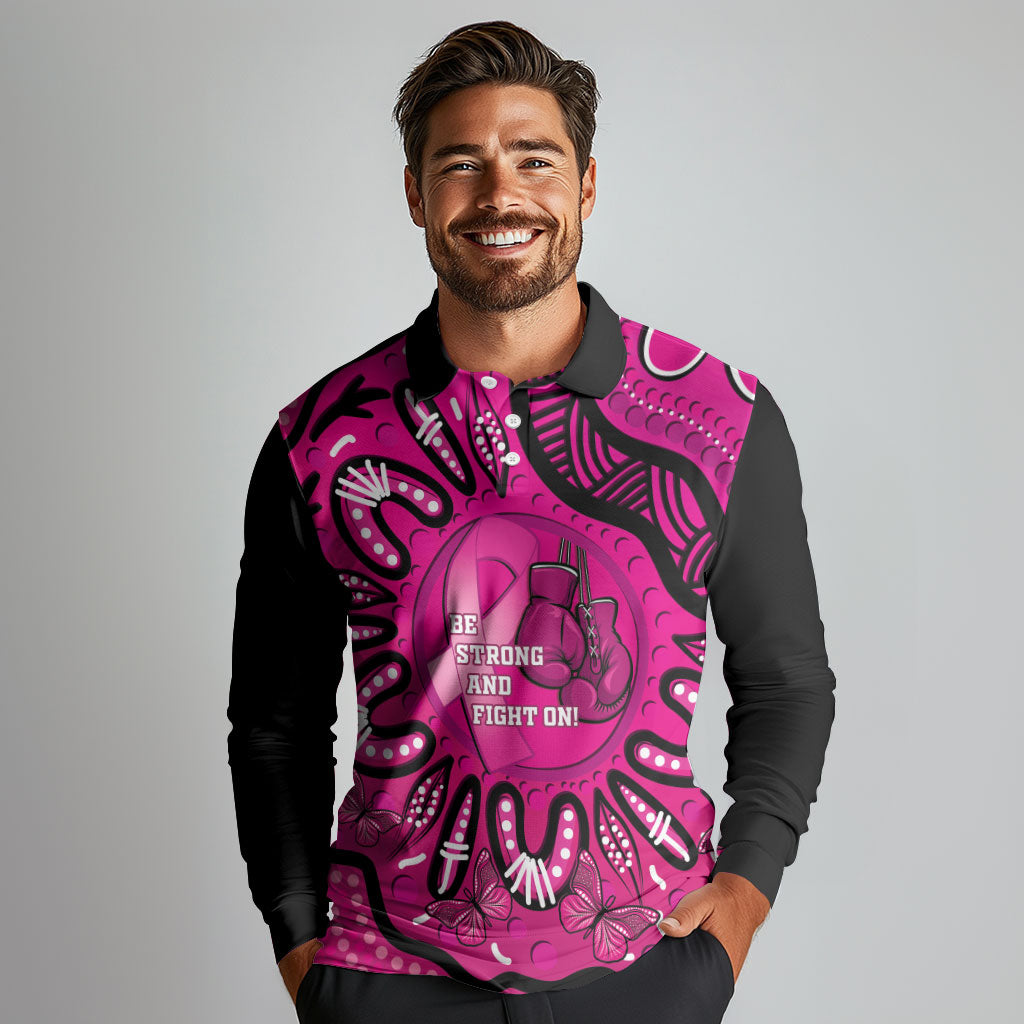 Personalised Australia Breast Cancer Long Sleeve Polo Shirt Pink Boxing Ribbon Be Strong And Fight On