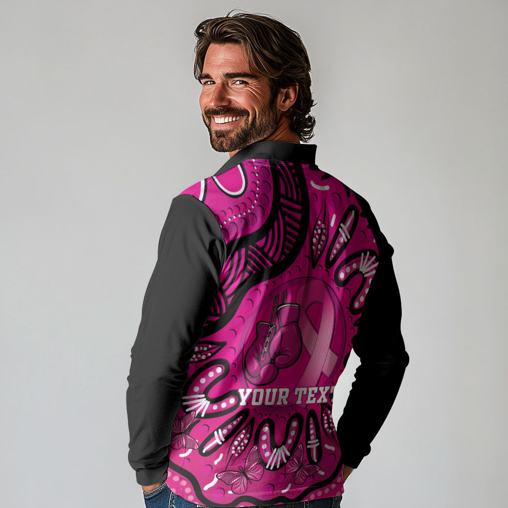 Personalised Australia Breast Cancer Long Sleeve Polo Shirt Pink Boxing Ribbon Be Strong And Fight On