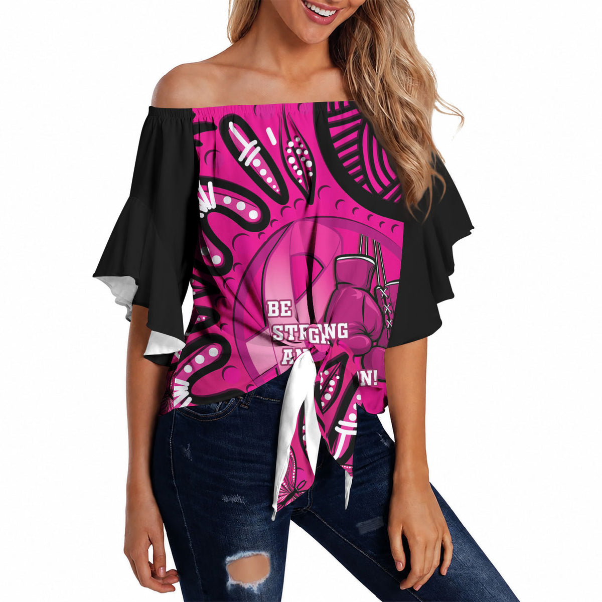 Personalised Australia Breast Cancer Off Shoulder Wrap Waist Top Pink Boxing Ribbon Be Strong And Fight On