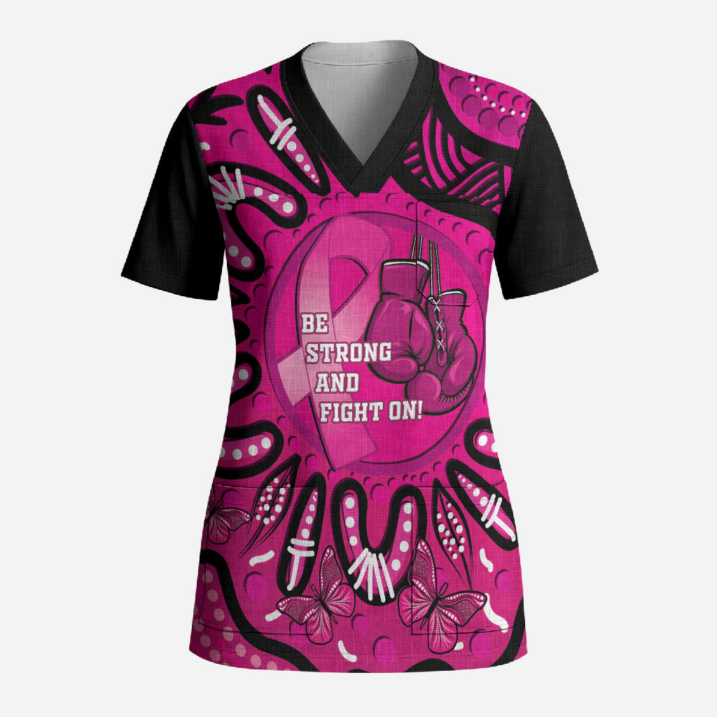 Personalised Australia Breast Cancer Scrub Top Pink Boxing Ribbon Be Strong And Fight On
