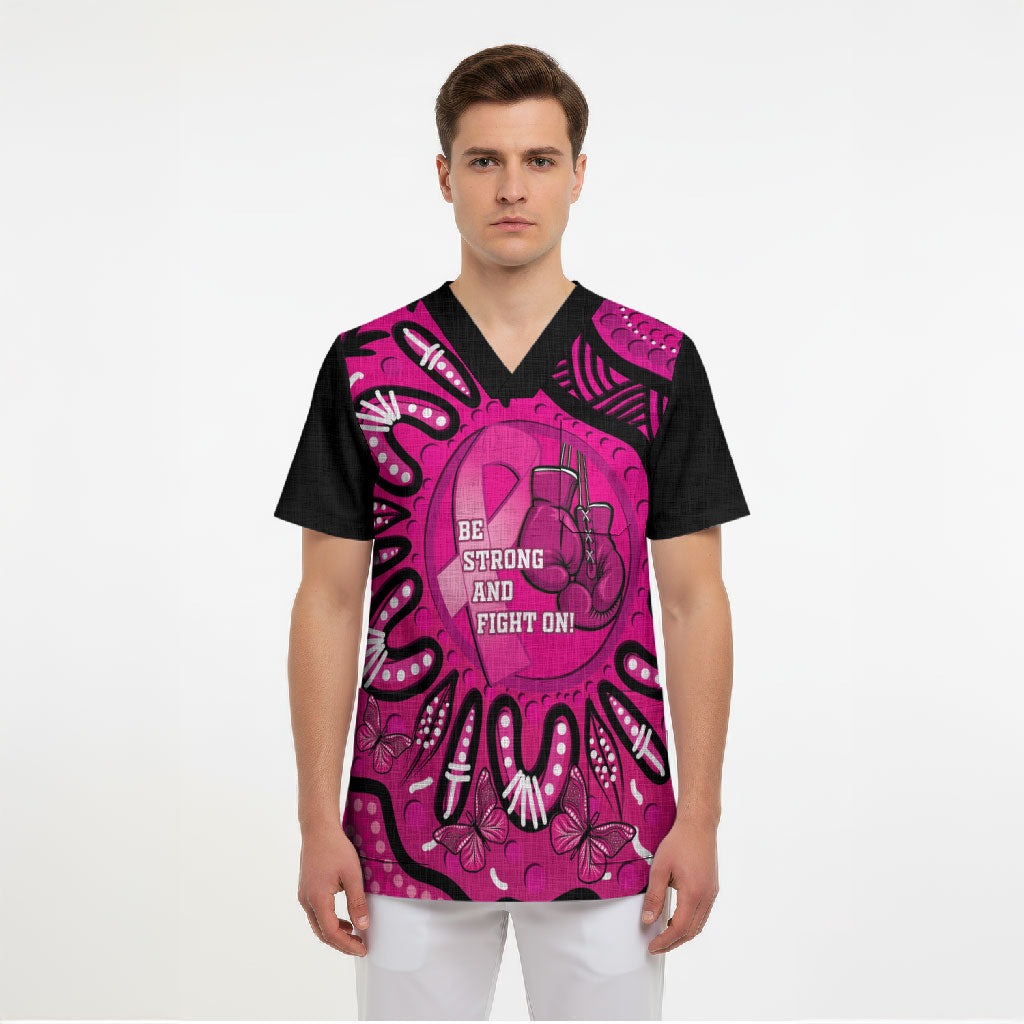 Personalised Australia Breast Cancer Scrub Top Pink Boxing Ribbon Be Strong And Fight On