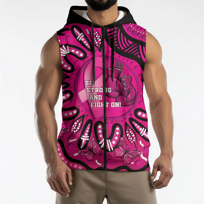 Personalised Australia Breast Cancer Sleeveless Zip Hoodie Pink Boxing Ribbon Be Strong And Fight On