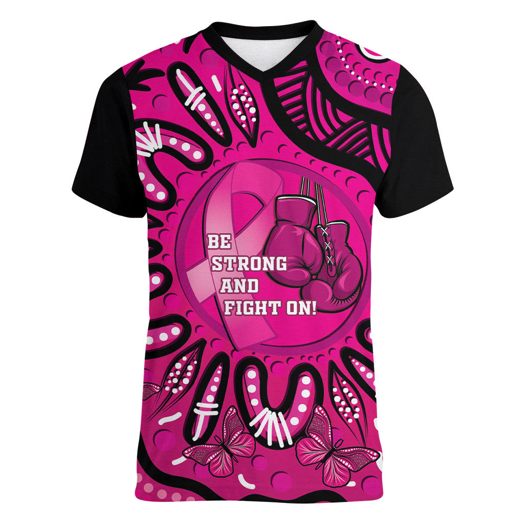 Personalised Australia Breast Cancer Women V-Neck T-Shirt Pink Boxing Ribbon Be Strong And Fight On