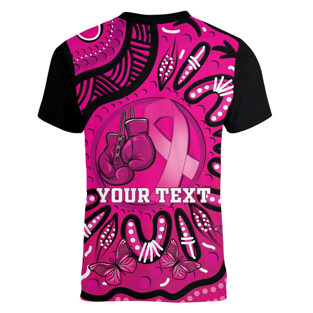 Personalised Australia Breast Cancer Women V-Neck T-Shirt Pink Boxing Ribbon Be Strong And Fight On