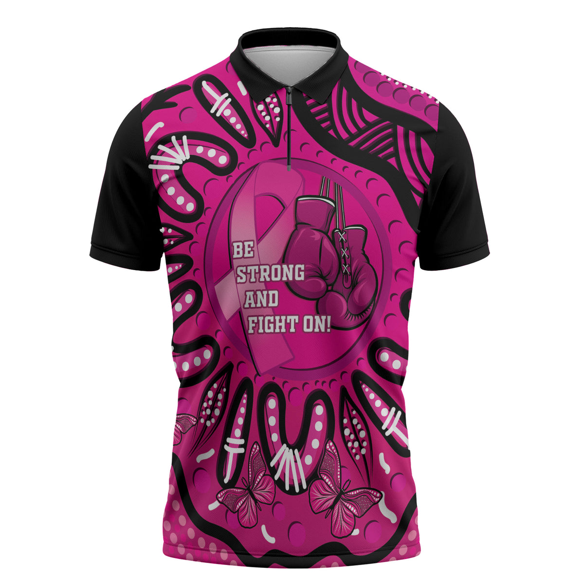 Personalised Australia Breast Cancer Zipper Polo Shirt Pink Boxing Ribbon Be Strong And Fight On