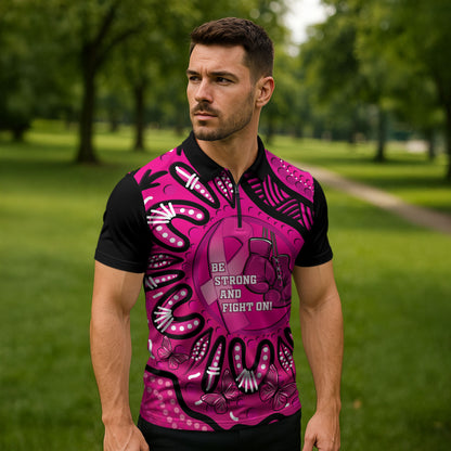 Personalised Australia Breast Cancer Zipper Polo Shirt Pink Boxing Ribbon Be Strong And Fight On