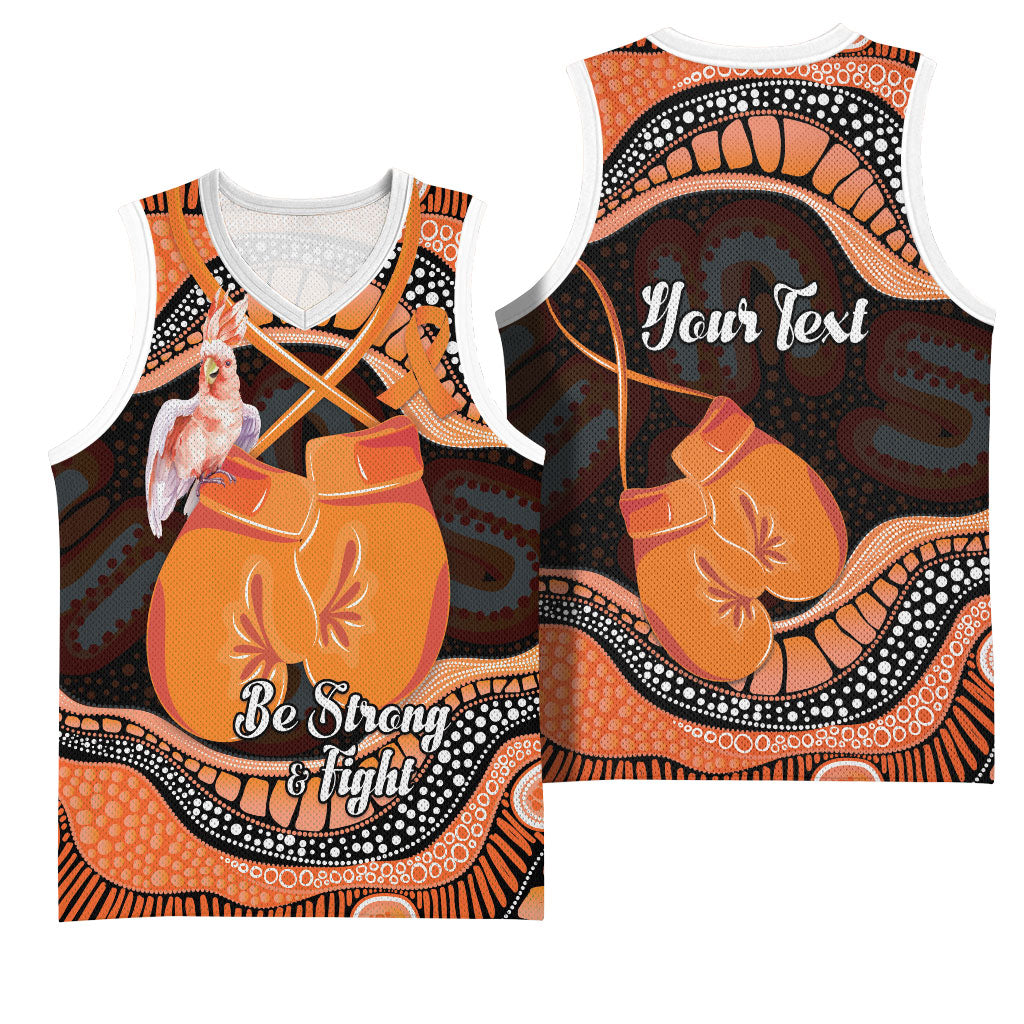 Personalised Australia Leukemia Support Basketball Jersey Aussie Cockatoo Fight Boxing Gloves Aboriginal Art