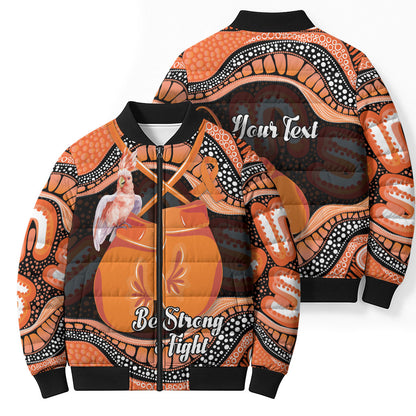 Personalised Australia Leukemia Support Bomber Puffer Jacket Aussie Cockatoo Fight Boxing Gloves Aboriginal Art
