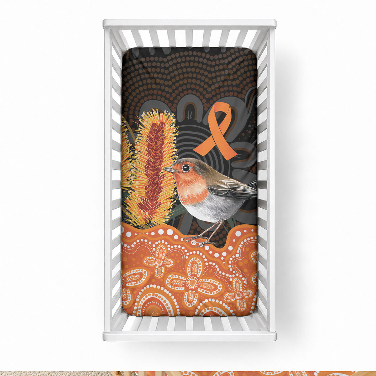 Australia Leukemia Support Baby Bed Cover Flame Robin Bottlebrush Aboriginal Art