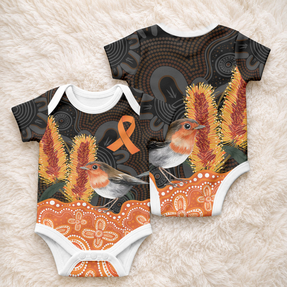 Australia Leukemia Support Baby Onesie Flame Robin Bottlebrush Aboriginal Art