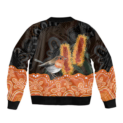 Australia Leukemia Support Bomber Jacket Flame Robin Bottlebrush Aboriginal Art