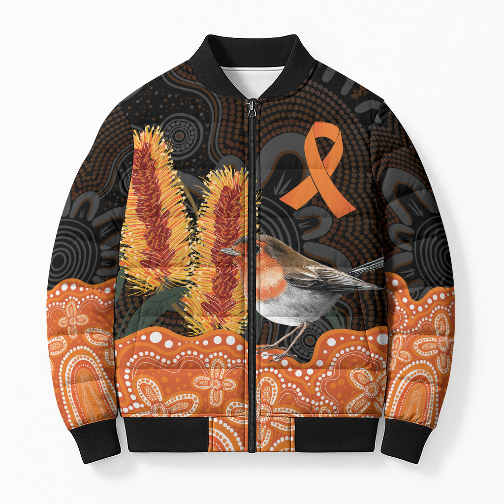 Australia Leukemia Support Bomber Puffer Jacket Flame Robin Bottlebrush Aboriginal Art