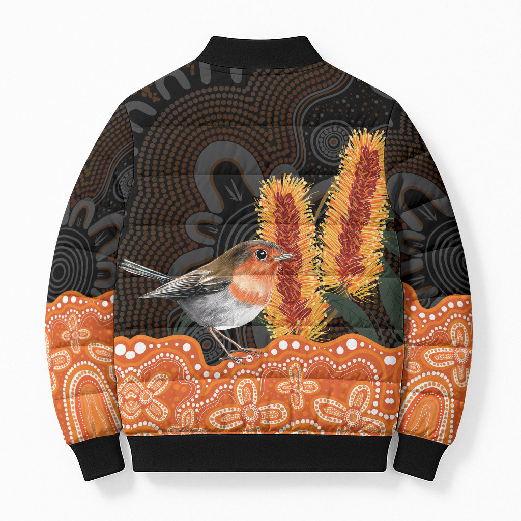Australia Leukemia Support Bomber Puffer Jacket Flame Robin Bottlebrush Aboriginal Art