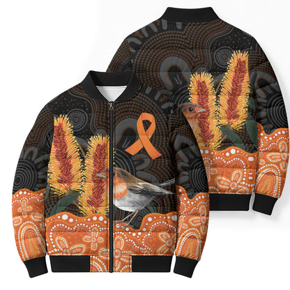Australia Leukemia Support Bomber Puffer Jacket Flame Robin Bottlebrush Aboriginal Art