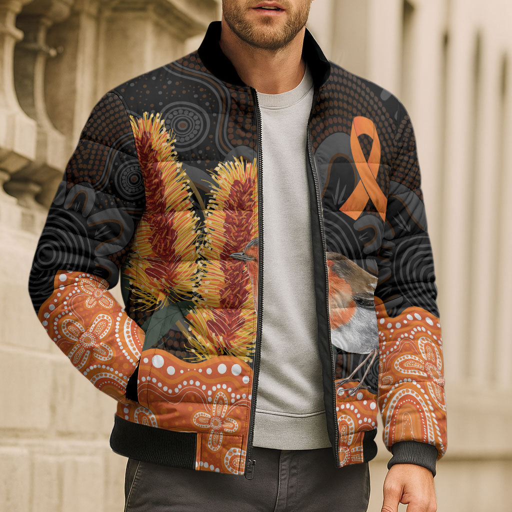 Australia Leukemia Support Bomber Puffer Jacket Flame Robin Bottlebrush Aboriginal Art
