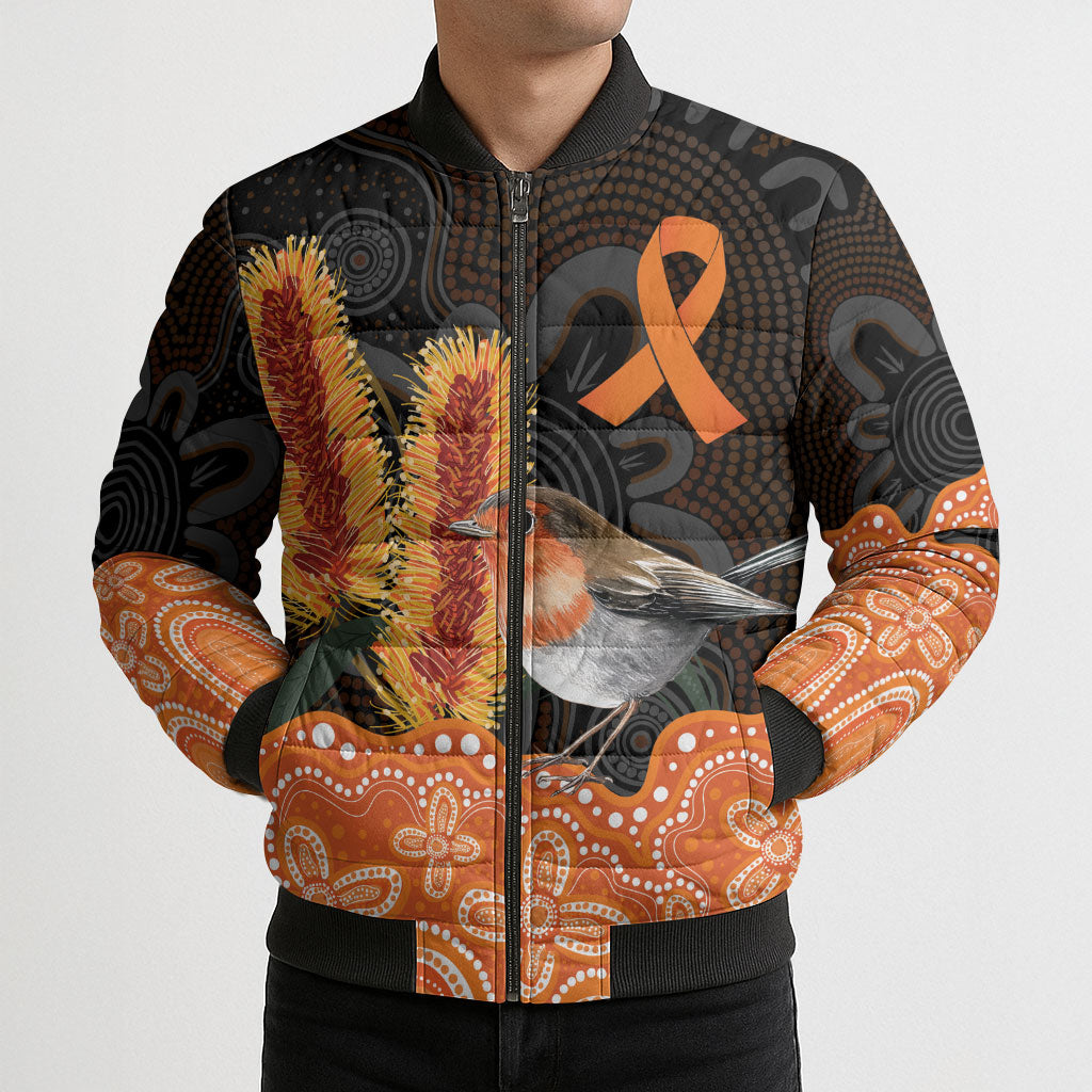 Australia Leukemia Support Bomber Puffer Jacket Flame Robin Bottlebrush Aboriginal Art