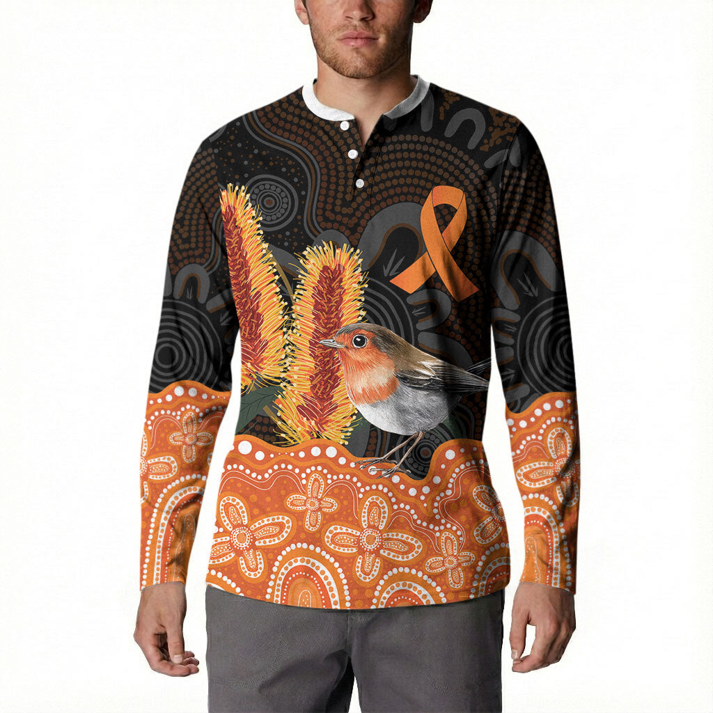 Australia Leukemia Support Button Sweatshirt Flame Robin Bottlebrush Aboriginal Art