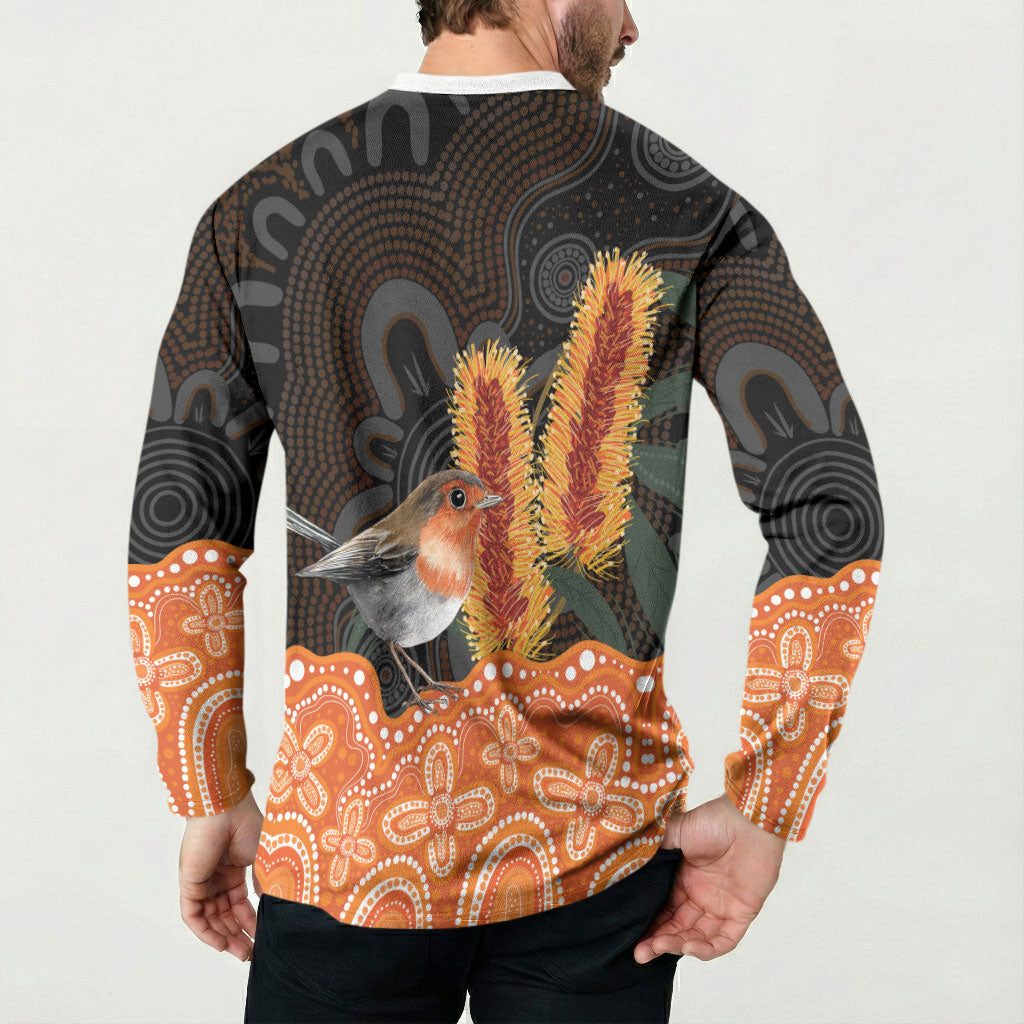 Australia Leukemia Support Button Sweatshirt Flame Robin Bottlebrush Aboriginal Art