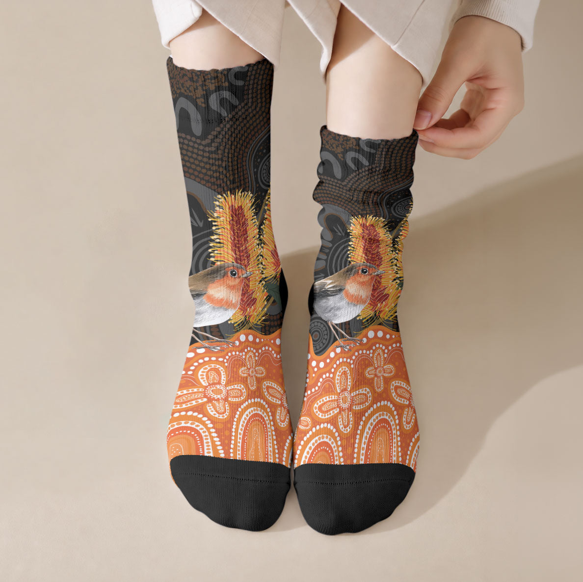 Australia Leukemia Support Crew Socks Flame Robin Bottlebrush Aboriginal Art