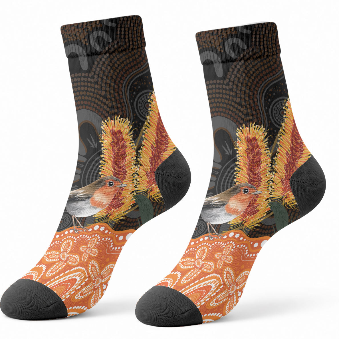 Australia Leukemia Support Crew Socks Flame Robin Bottlebrush Aboriginal Art