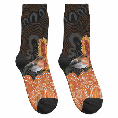 Australia Leukemia Support Crew Socks Flame Robin Bottlebrush Aboriginal Art